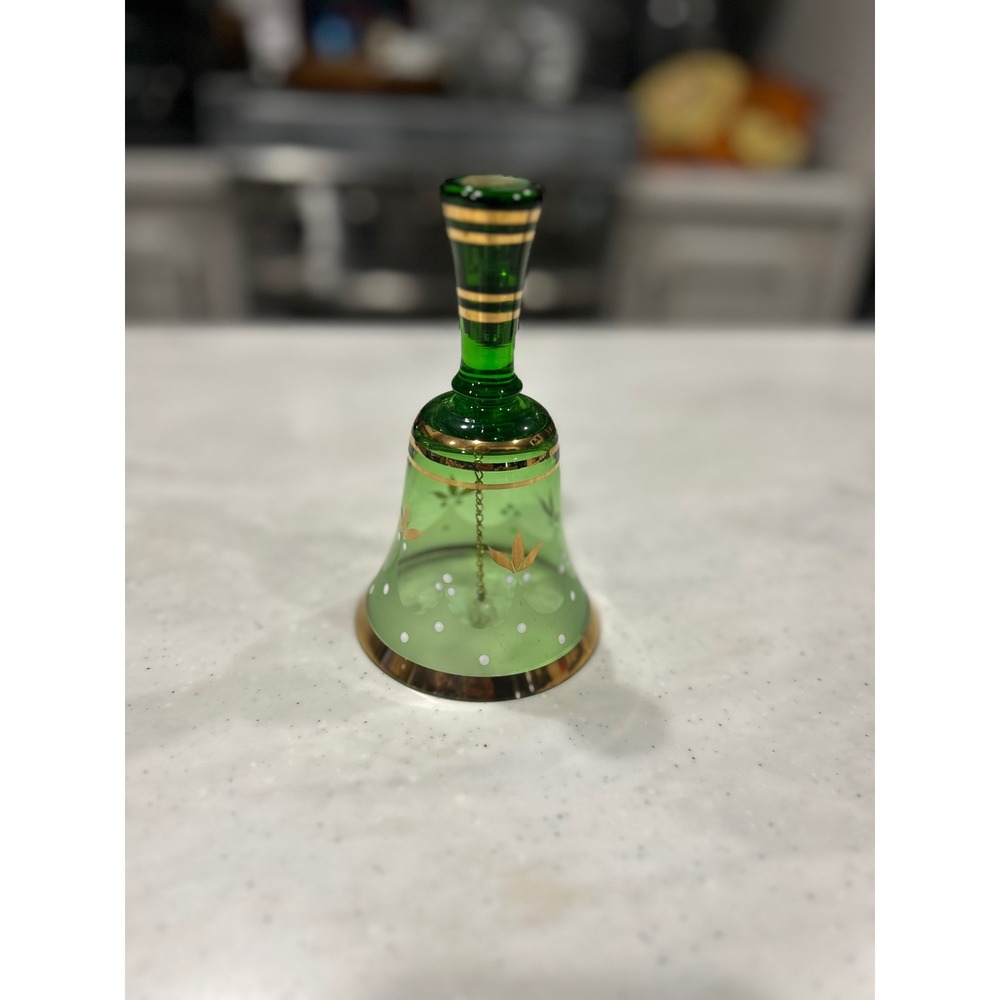 Vintage Bohemia Crystal Green Glass Bell Gold Trim Hand Painted Czechoslovakia